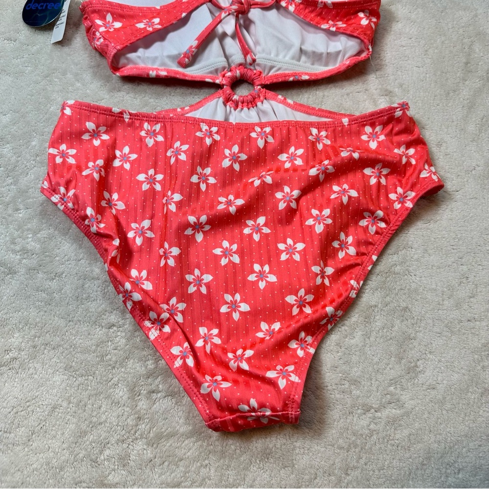 Decree Retro Boho Floral Coral Pink Cut Out Swimsuit Halter Neck Cheeky Beach - Picture 6 of 10